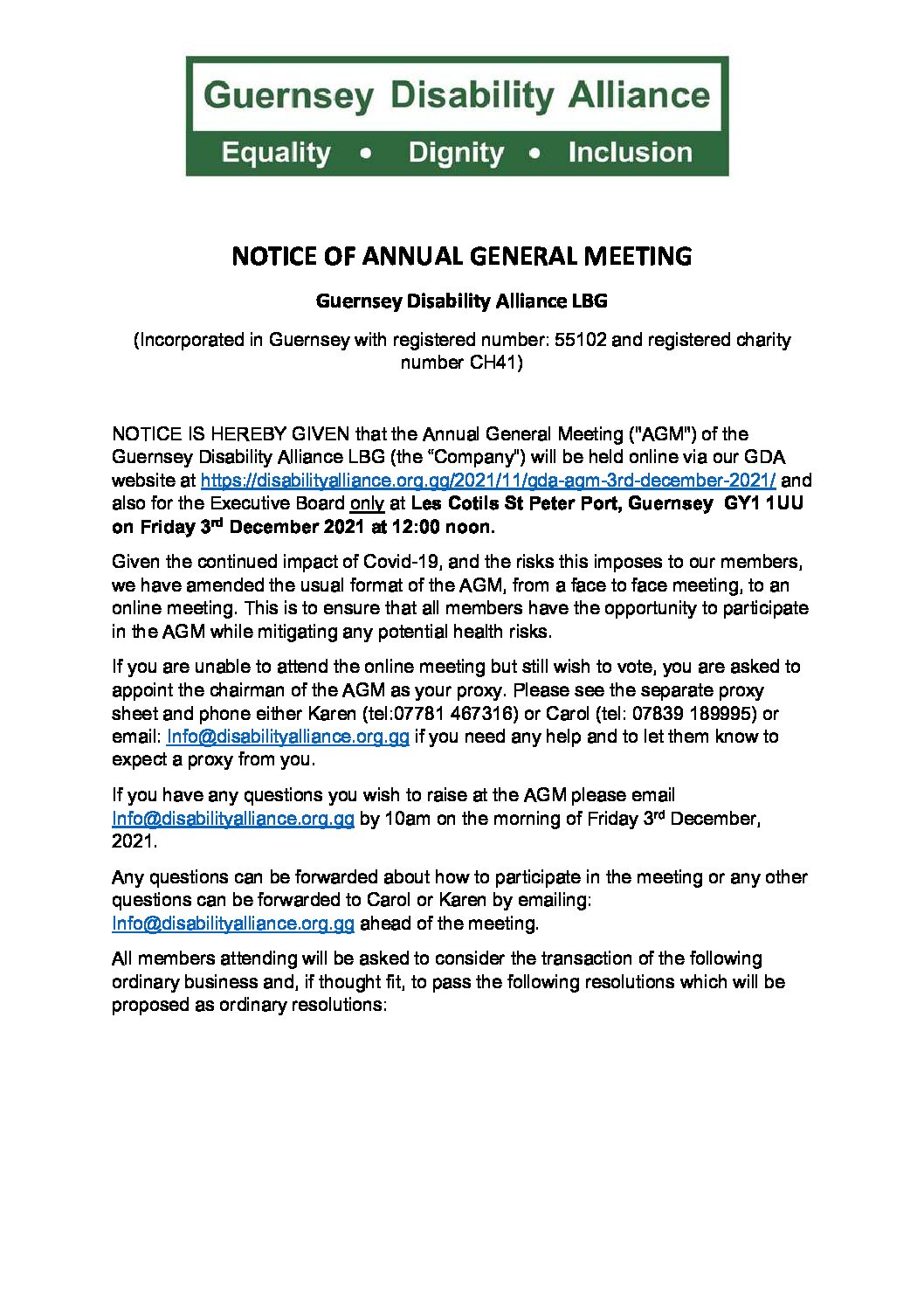 Agenda and proxy voting forms for the GDA's AGM on 3rd December 2021.