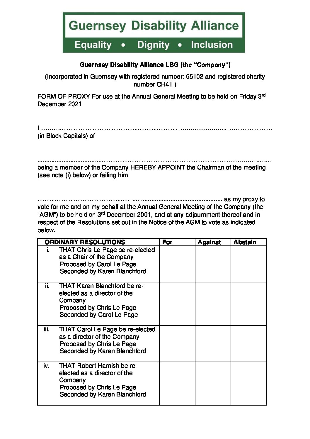 Proxy voting forms for the GDA's AGM on 3rd December 2021.