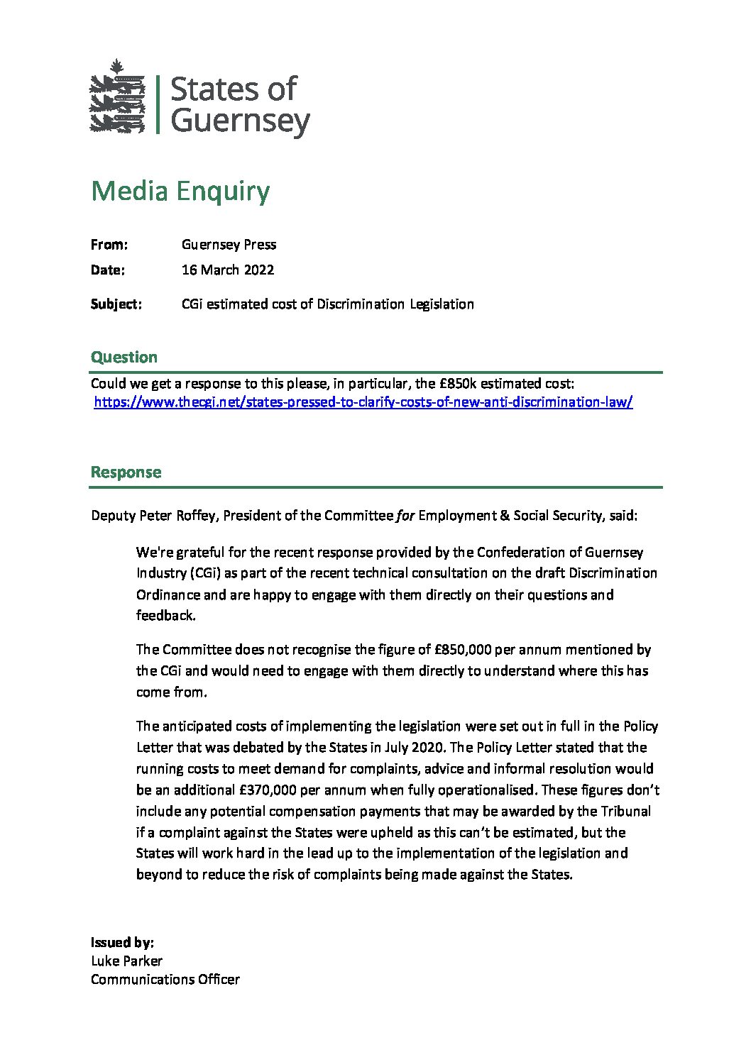 SoG media enquiry – CGi estimated cost of Discrimination Legislation